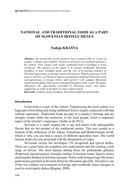 NATIONAL and TRADITIONAL FOOD AS a PART of SLOVENIAN HOTELS MENUS Tadeja KRAŠNA