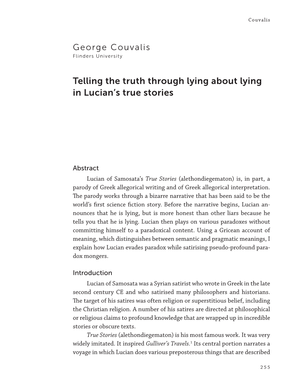 Telling the Truth Through Lying About Lying in Lucian's True Stories