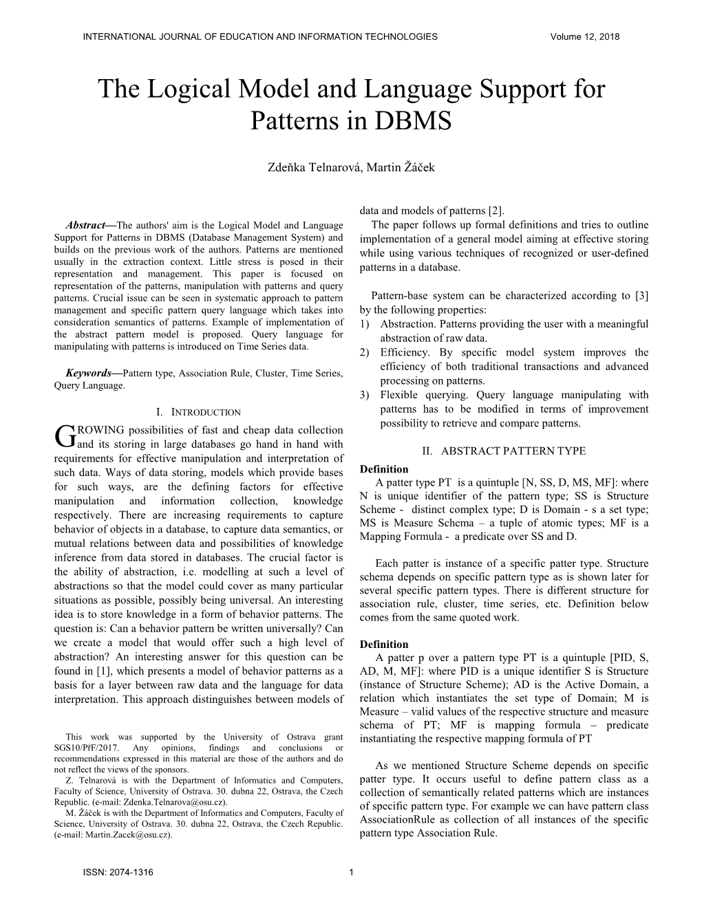 The Logical Model and Language Support for Patterns in DBMS