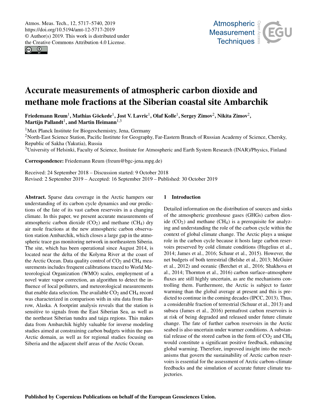 Accurate Measurements of Atmospheric Carbon Dioxide and Methane Mole Fractions at the Siberian Coastal Site Ambarchik