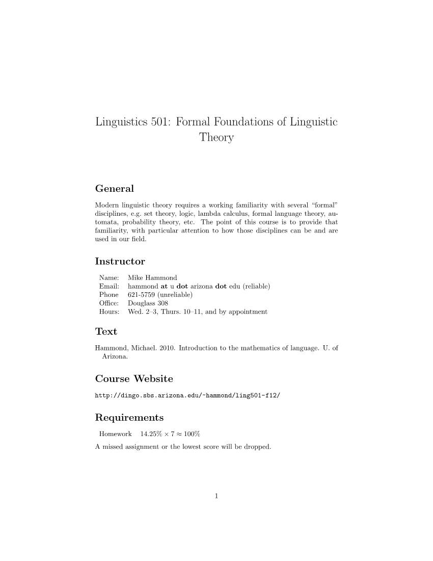 Linguistics 501: Formal Foundations of Linguistic Theory
