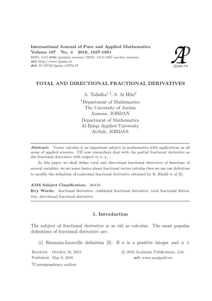 TOTAL and DIRECTIONAL FRACTIONAL DERIVATIVES A. Tallafha1 §, S. Al Hihi2 1Department of Mathematics the University of Jordan Am