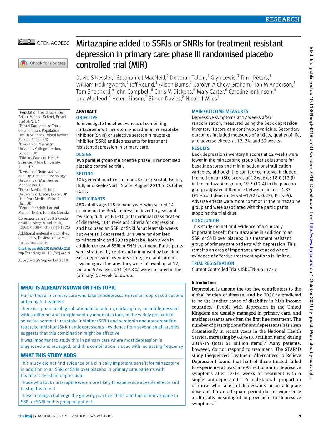 Mirtazapine Added to Ssris Or Snris for Treatment Resistant Depression In