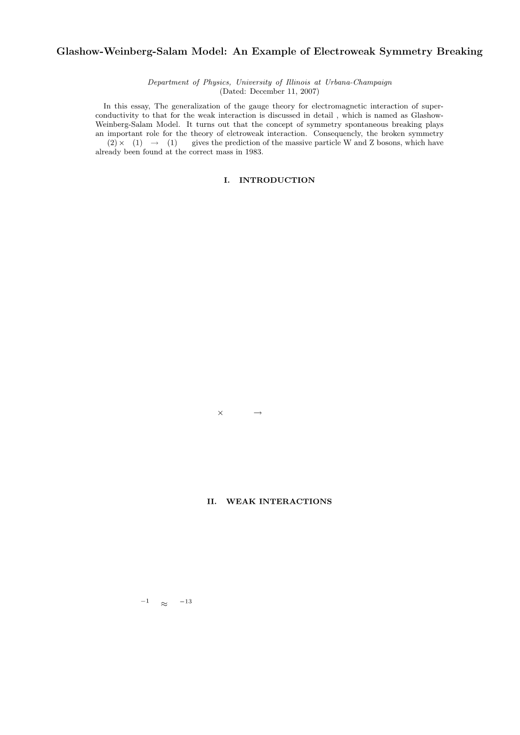 Glashow-Weinberg-Salam Model: an Example of Electroweak Symmetry Breaking