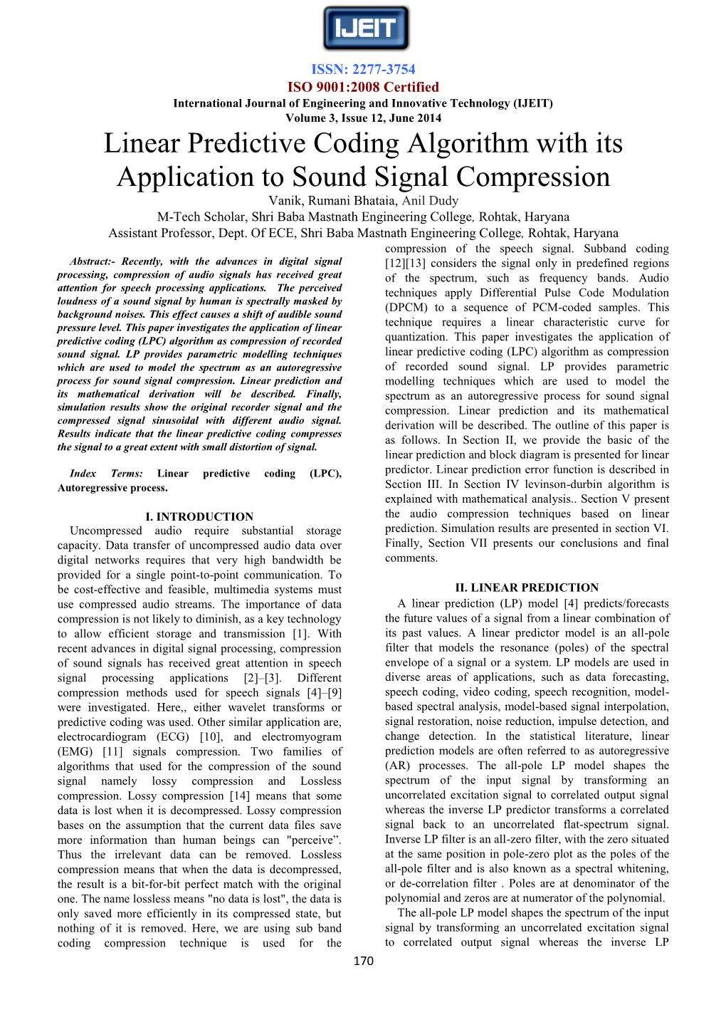 Linear Predictive Coding Algorithm with Its Application to Sound Signal