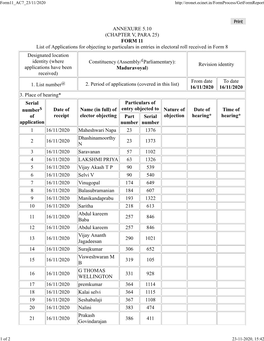 FORM 11 List of Applications for Objecting to Particulars in Entries In