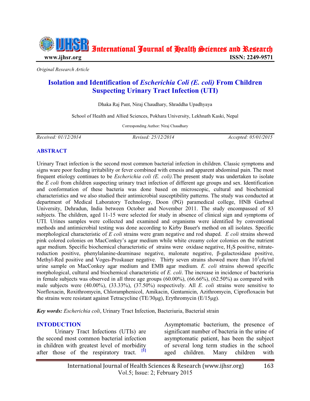 E. Coli) from Children Suspecting Urinary Tract Infection (UTI)