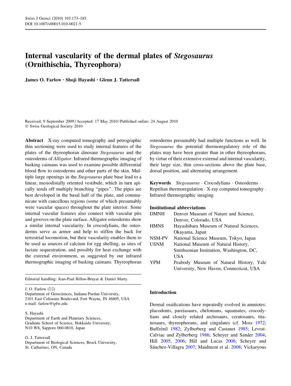 Internal Vascularity of the Dermal Plates of Stegosaurus (Ornithischia, Thyreophora)