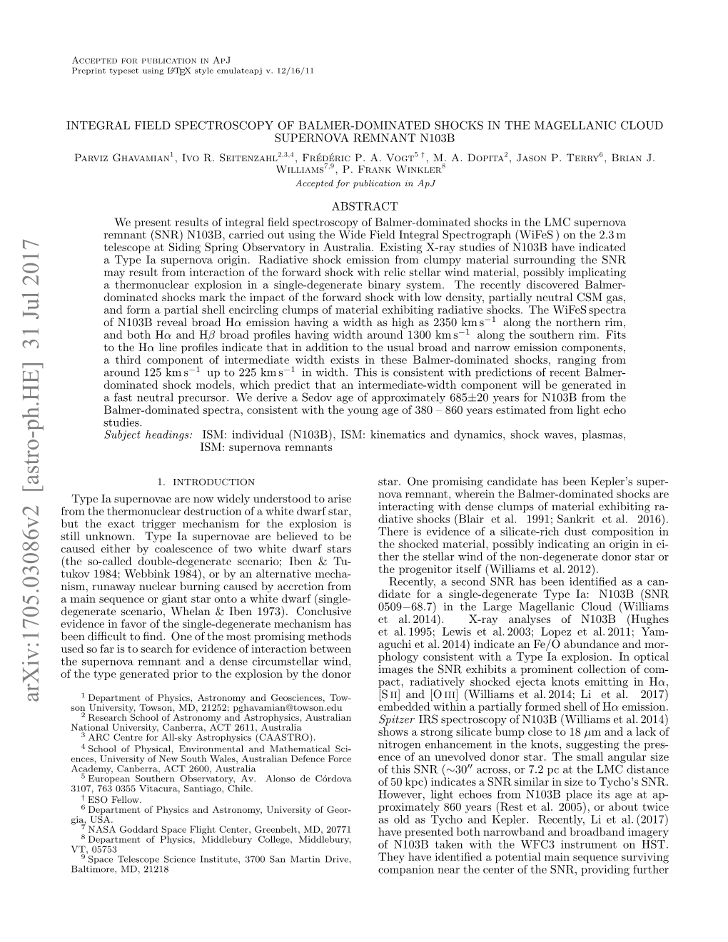INTEGRAL FIELD SPECTROSCOPY of BALMER-DOMINATED SHOCKS in the MAGELLANIC CLOUD SUPERNOVA REMNANT N103B Parviz Ghavamian1, Ivo R