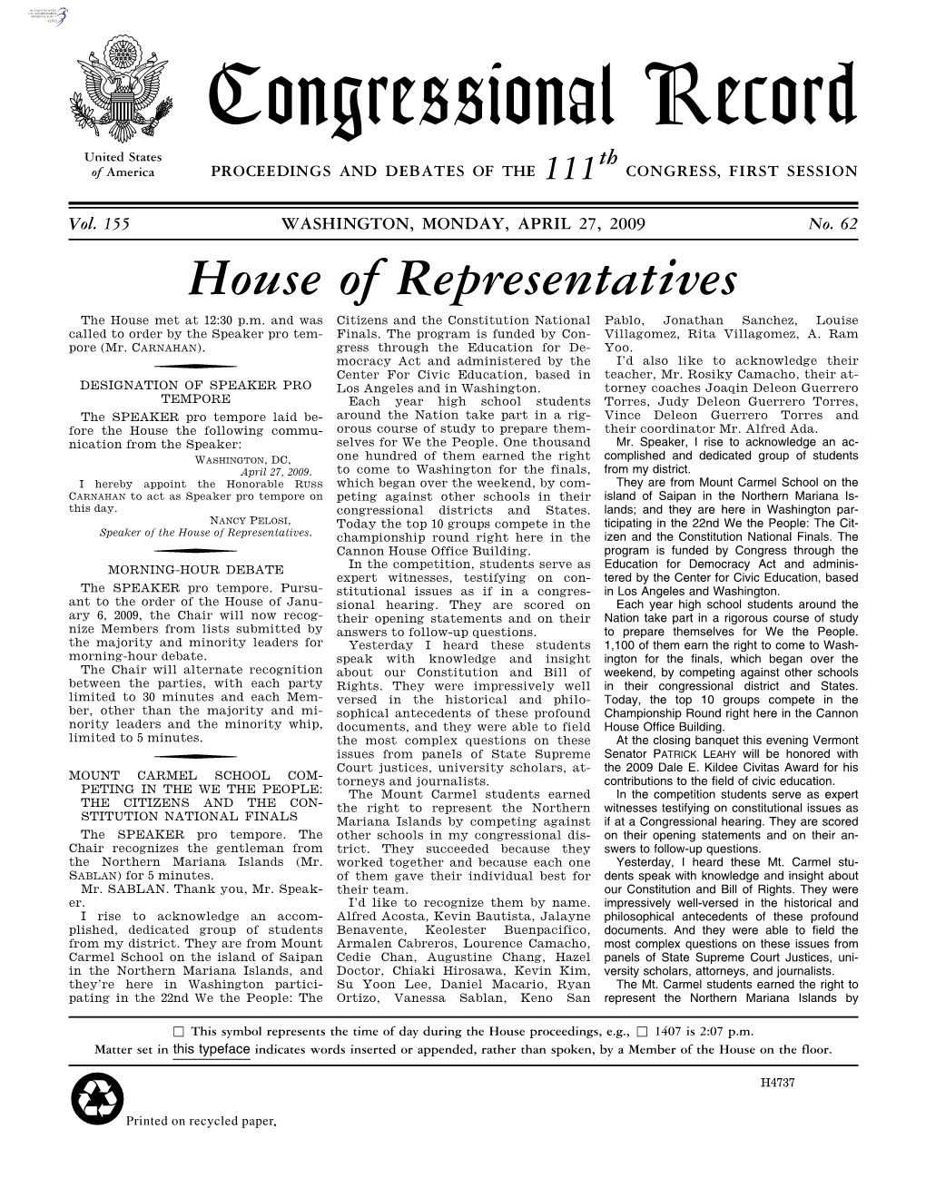 Congressional Record United States Th of America PROCEEDINGS and DEBATES of the 111 CONGRESS, FIRST SESSION