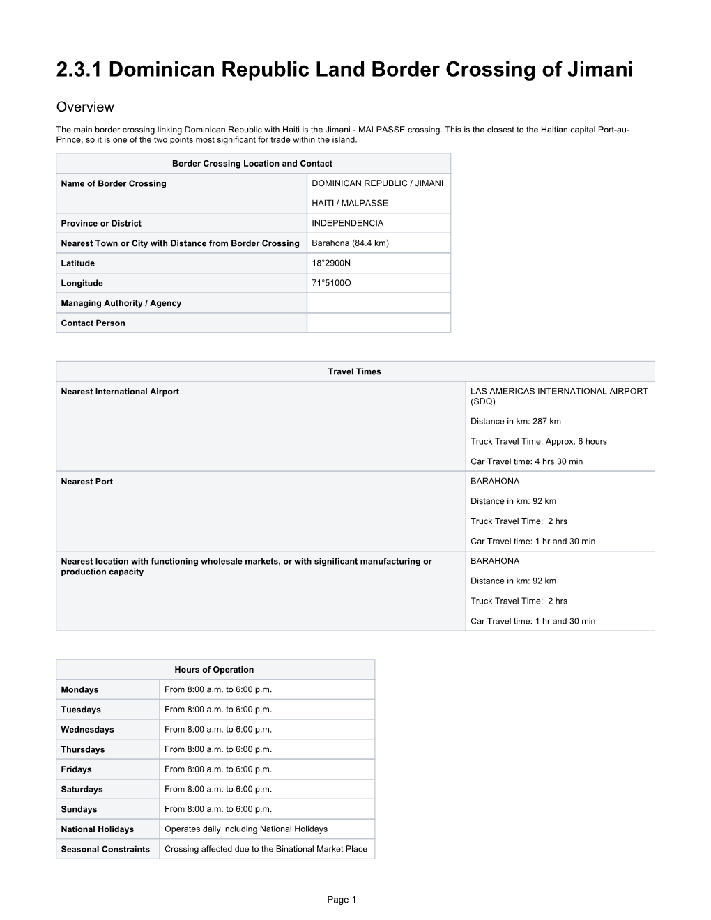 2.3.1 Dominican Republic Land Border Crossing of Jimani