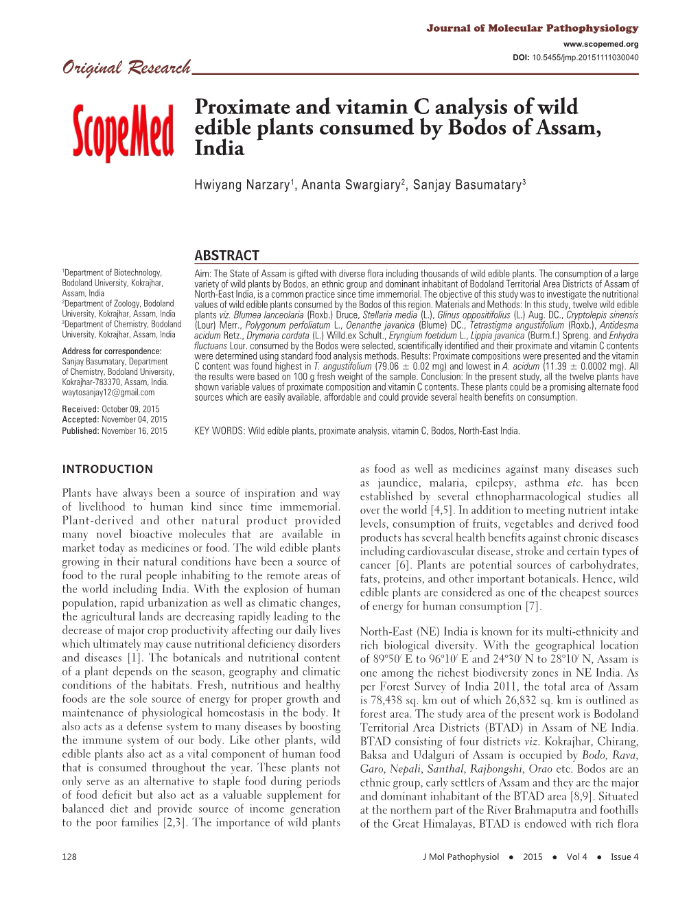 Proximate and Vitamin C Analysis of Wild Edible Plants Consumed by Bodos of Assam, India