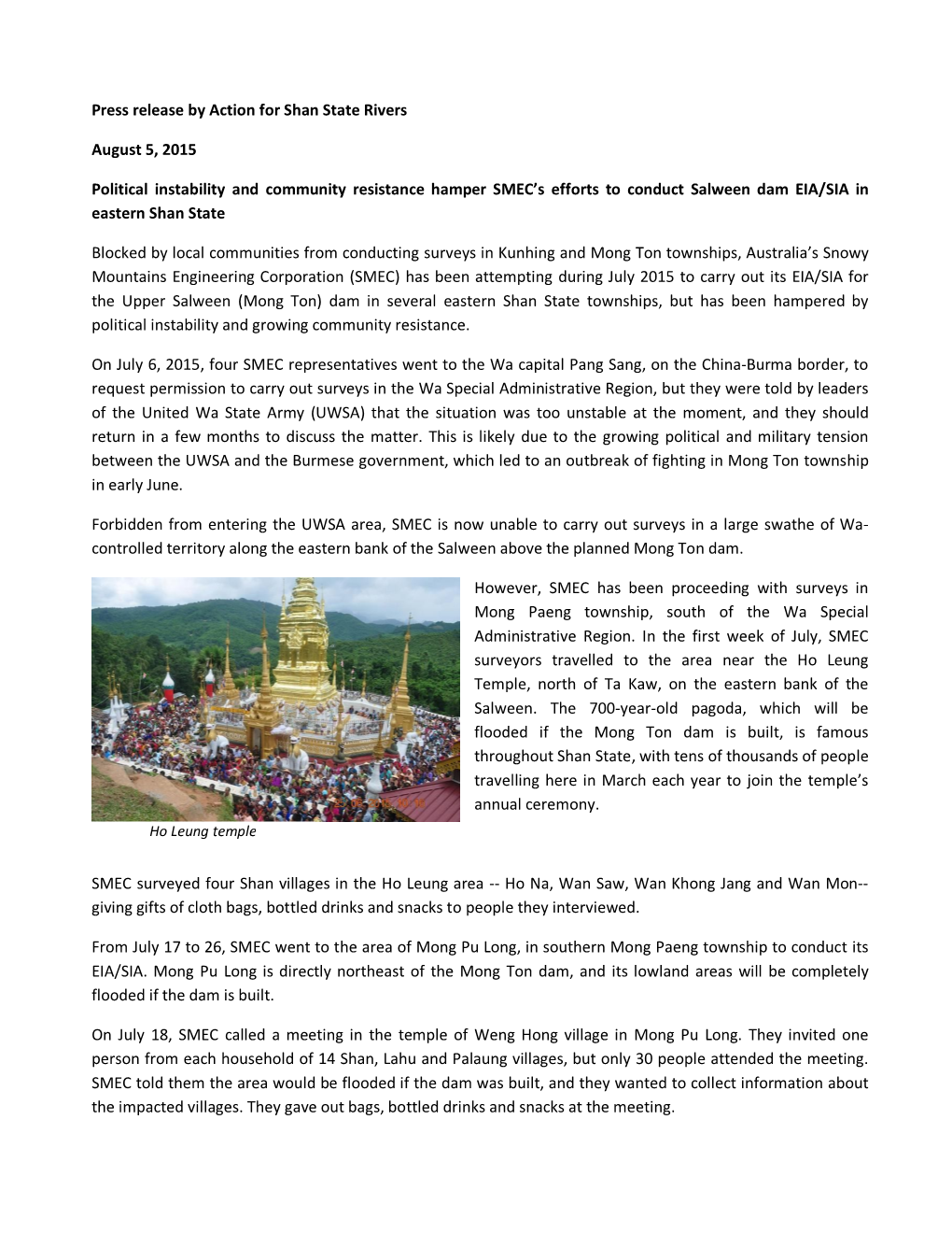 Press Release by Action for Shan State Rivers August 5, 2015 Political
