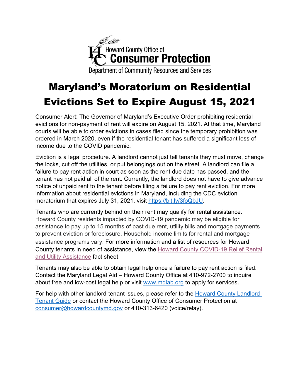Maryland's Moratorium on Residential Evictions Set to Expire August 15