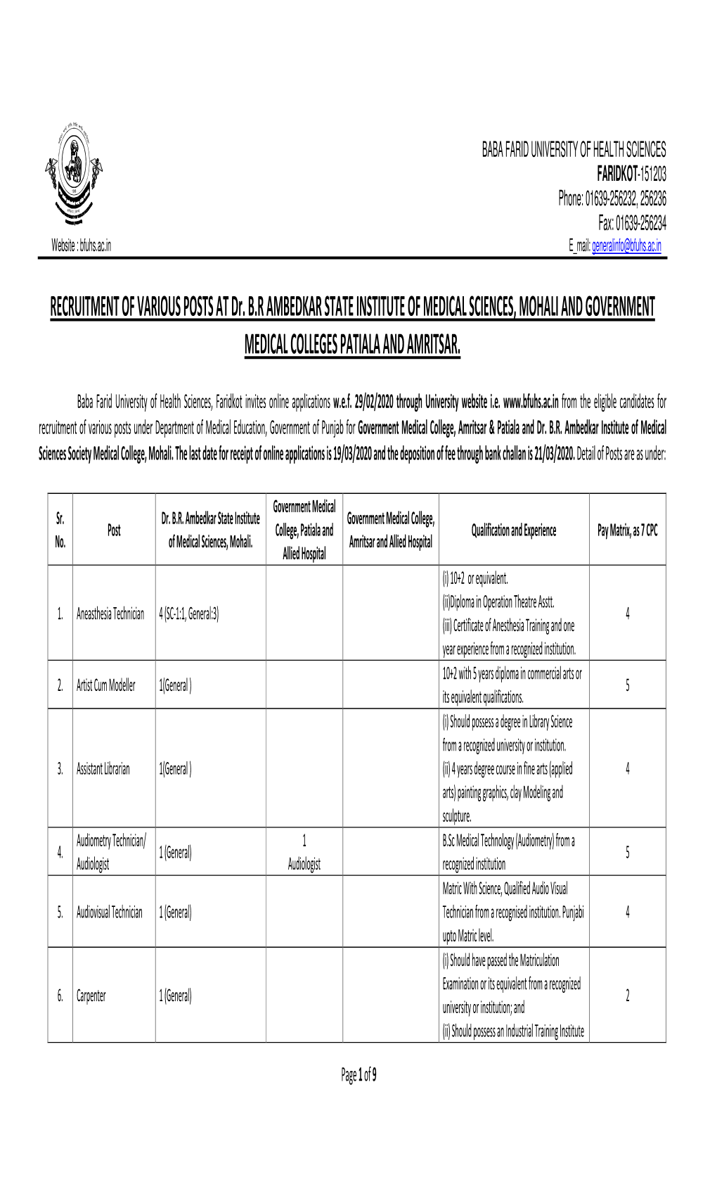 RECRUITMENT of VARIOUS POSTS at Dr. B.R AMBEDKAR STATE INSTITUTE of MEDICAL SCIENCES, MOHALI and GOVERNMENT MEDICAL COLLEGES PATIALA and AMRITSAR