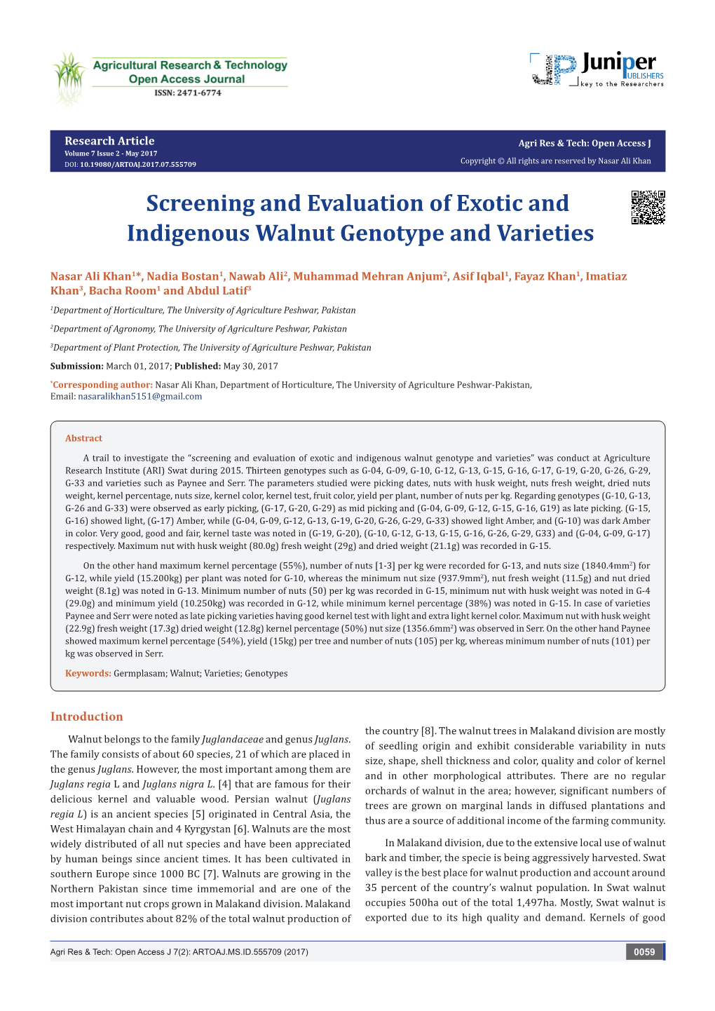 Screening and Evaluation of Exotic and Indigenous Walnut Genotype and Varieties