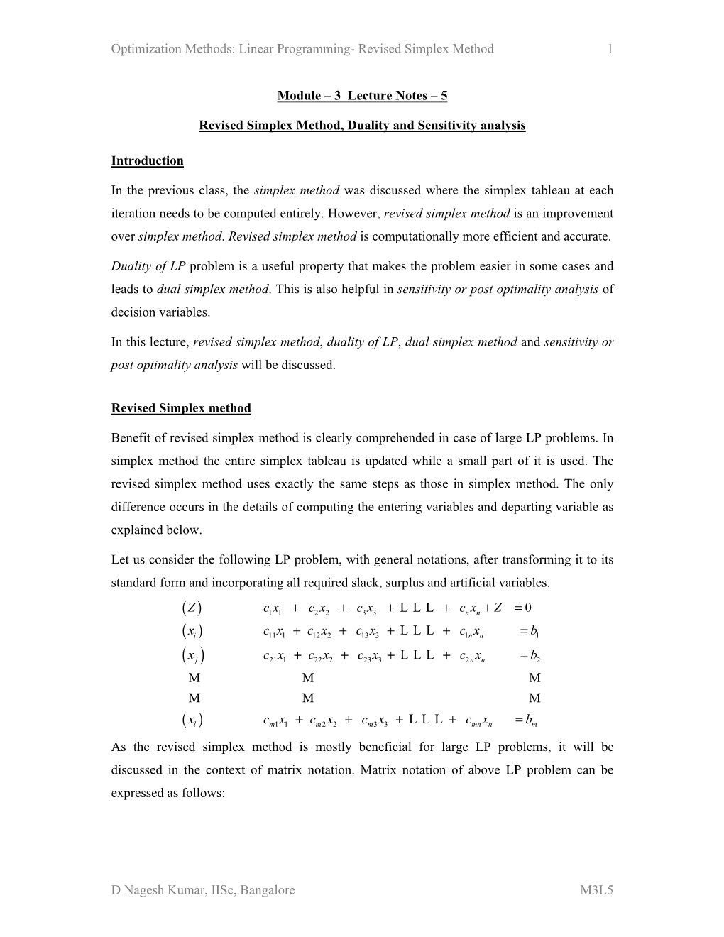 Optimization Methods: Linear Programming- Revised Simplex Method 1