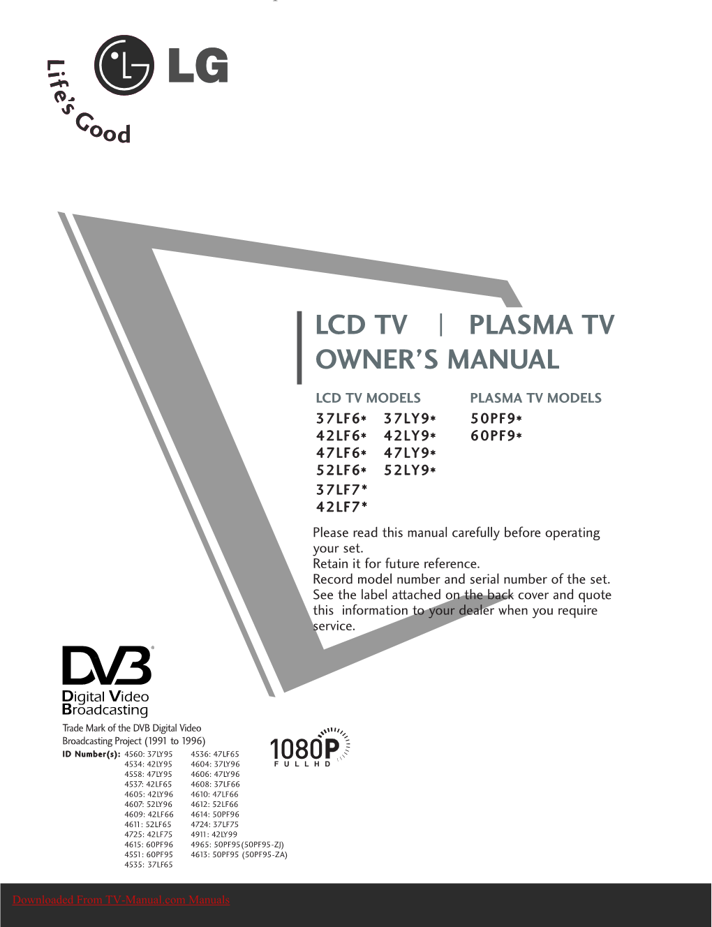 LG 37LY95 Tv User Guide Manual Operating Instructions