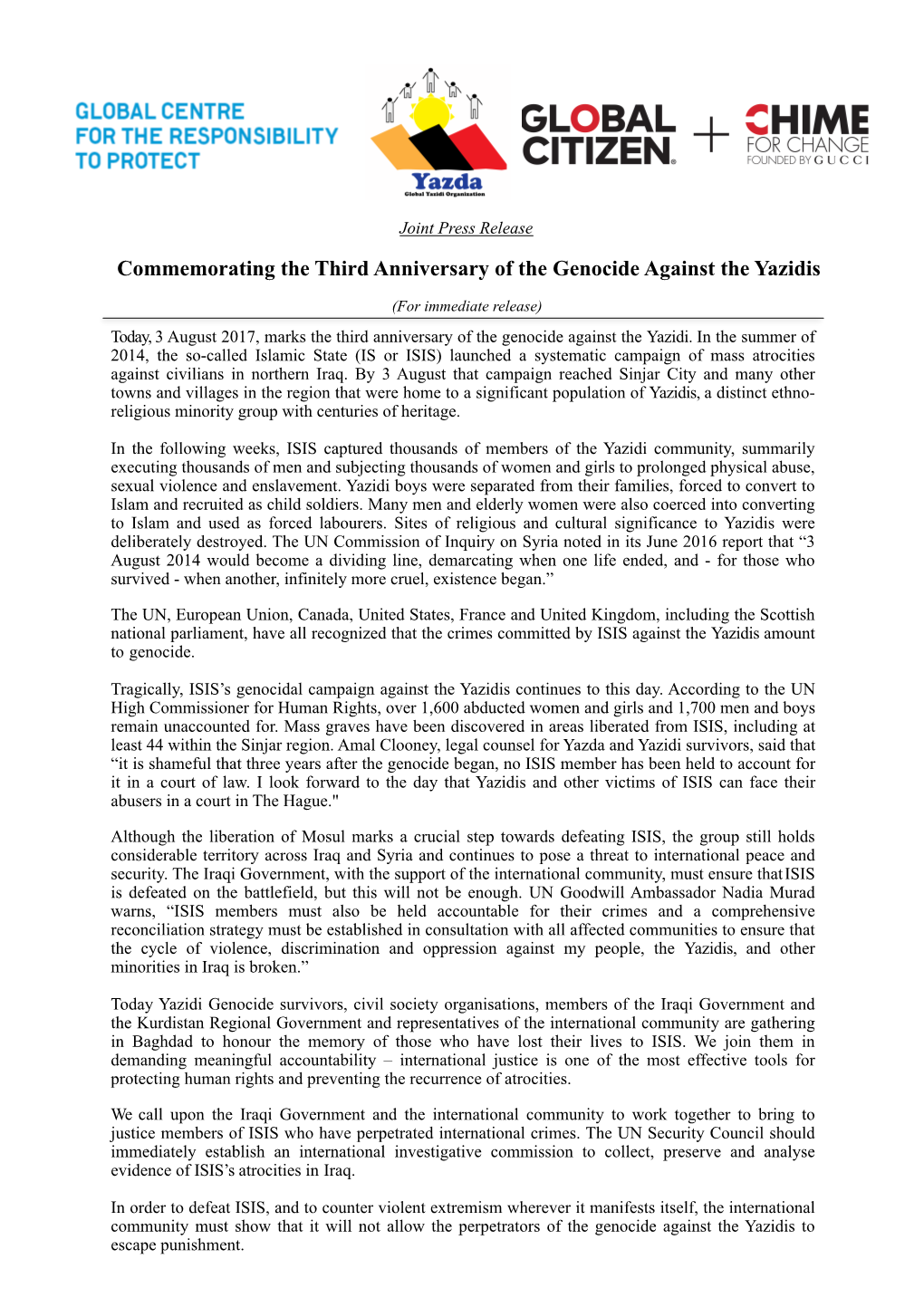 Statement Commemorating the Third Anniversary of the Genocide Against the Yazidis