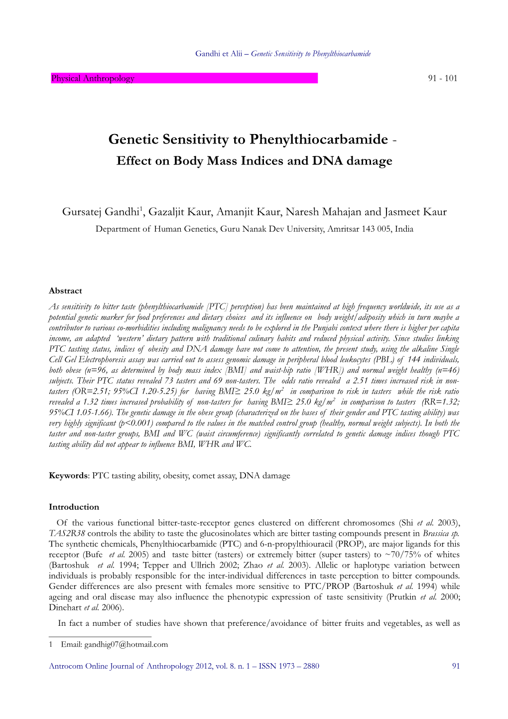 Genetic Sensitivity to Phenylthiocarbamide