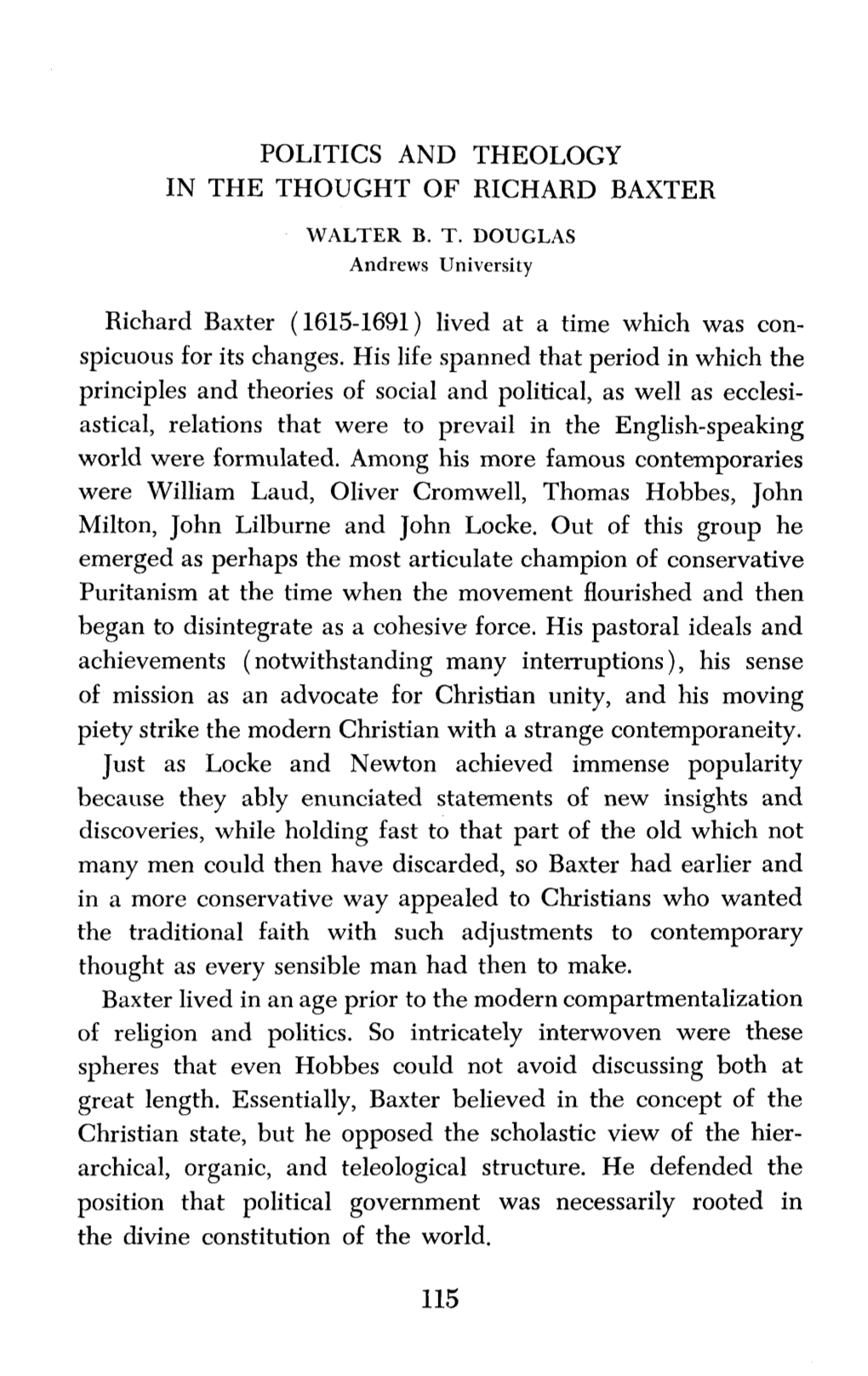 Politics and Theology in the Thought of Richard Baxter