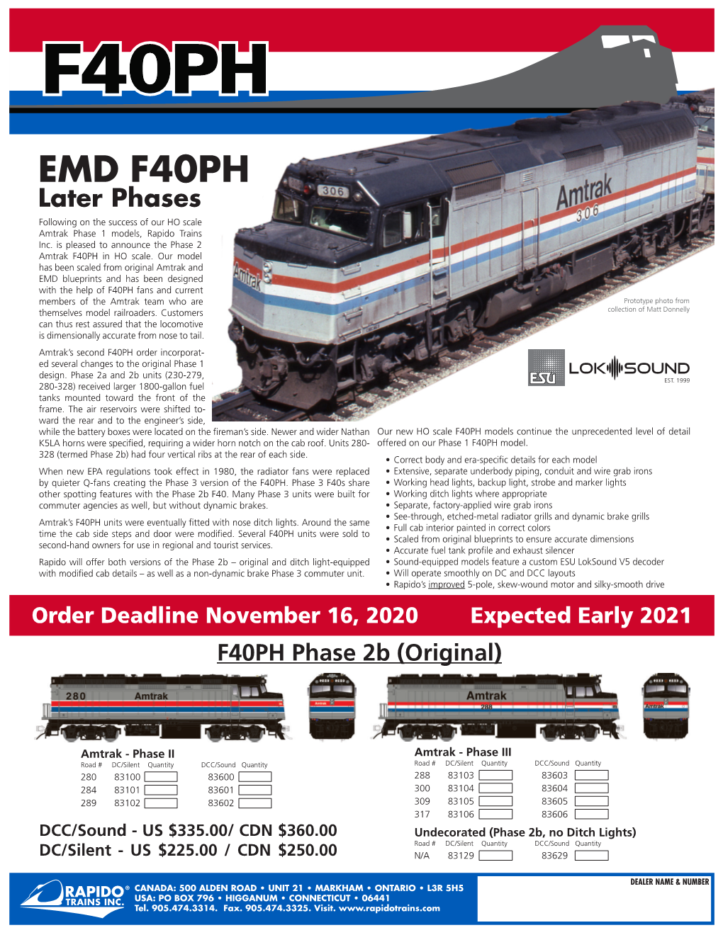 EMD F40PH Later Phases Following on the Success of Our HO Scale Amtrak Phase 1 Models, Rapido Trains Inc