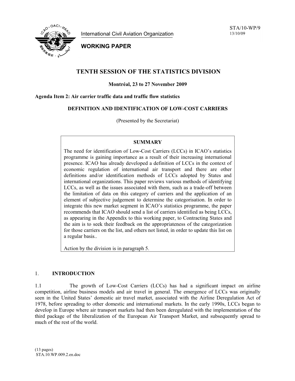 STA/10-WP/9 International Civil Aviation Organization 13/10/09