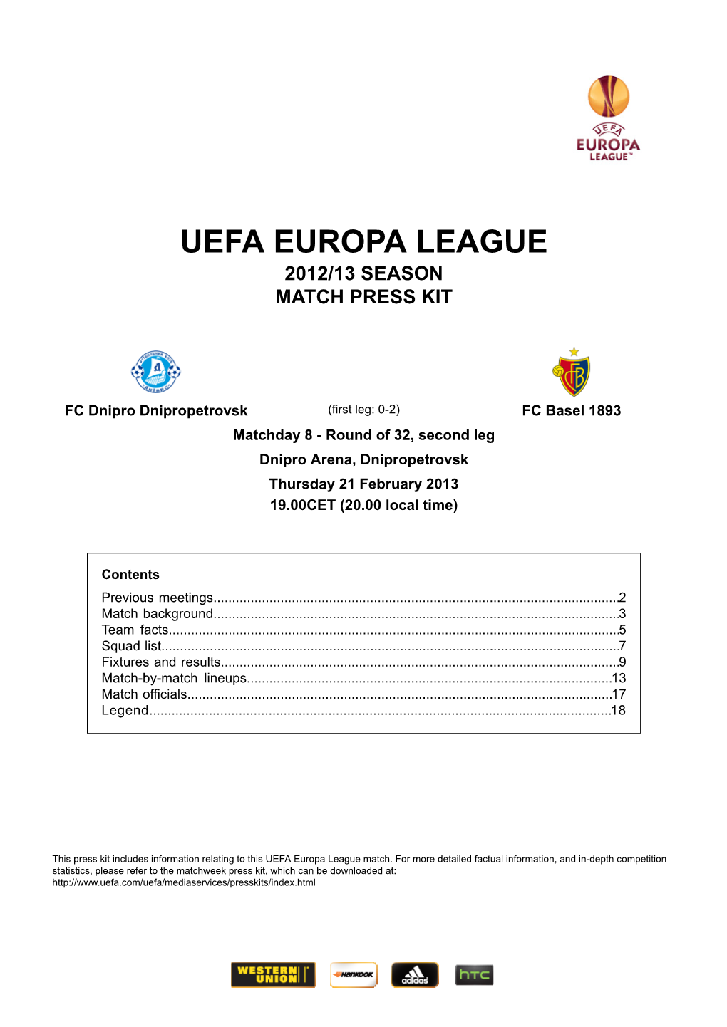 Uefa Europa League 2012/13 Season Match Press Kit