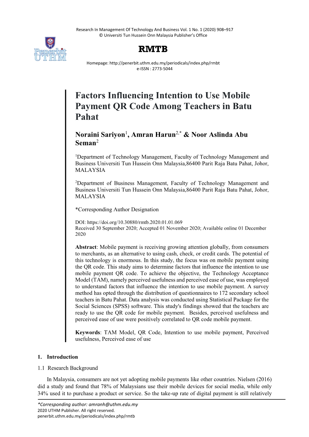RMTB Factors Influencing Intention to Use Mobile Payment QR Code Among Teachers in Batu Pahat