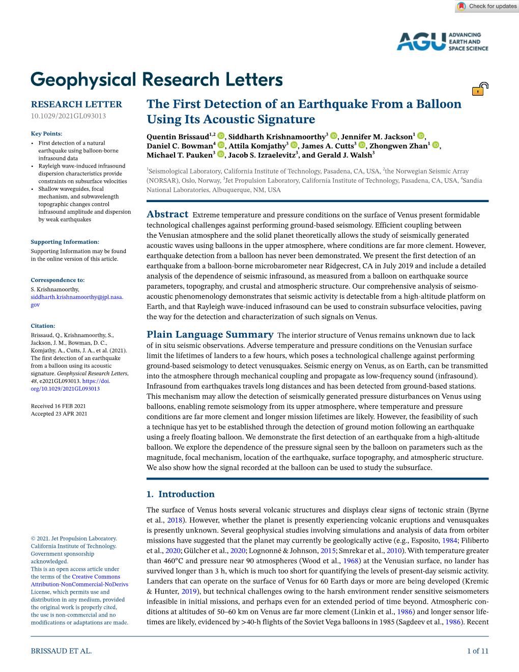 The First Detection of an Earthquake from a Balloon Using Its Acoustic Signature