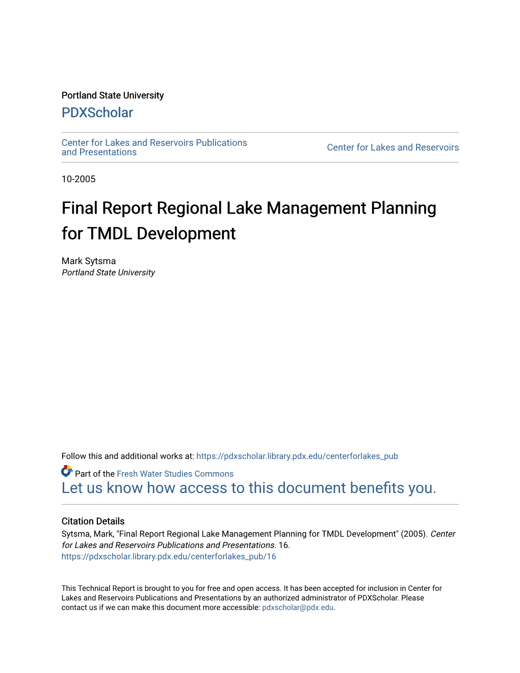 Final Report Regional Lake Management Planning for TMDL Development