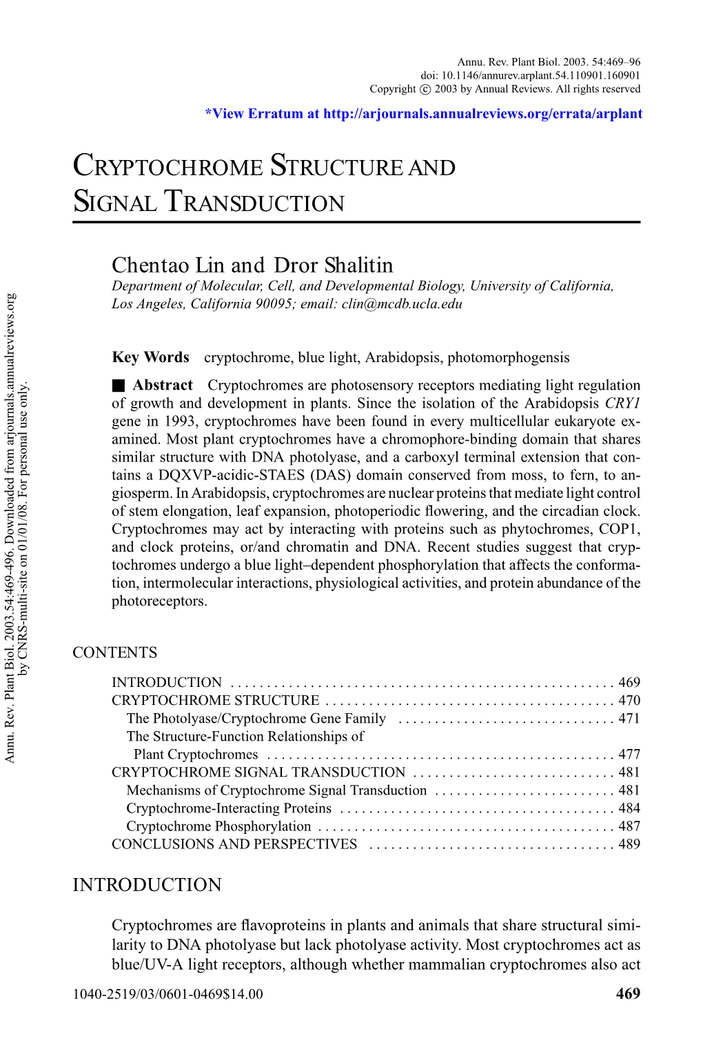 Cryptochrome Structure and Signal Transduction