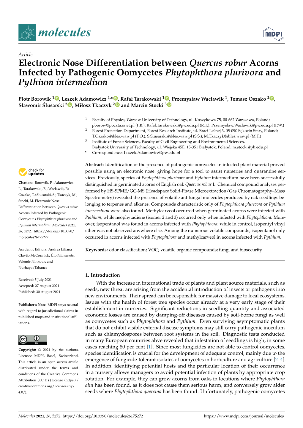 Electronic Nose Differentiation Between Quercus Robur Acorns Infected by Pathogenic Oomycetes Phytophthora Plurivora and Pythium Intermedium