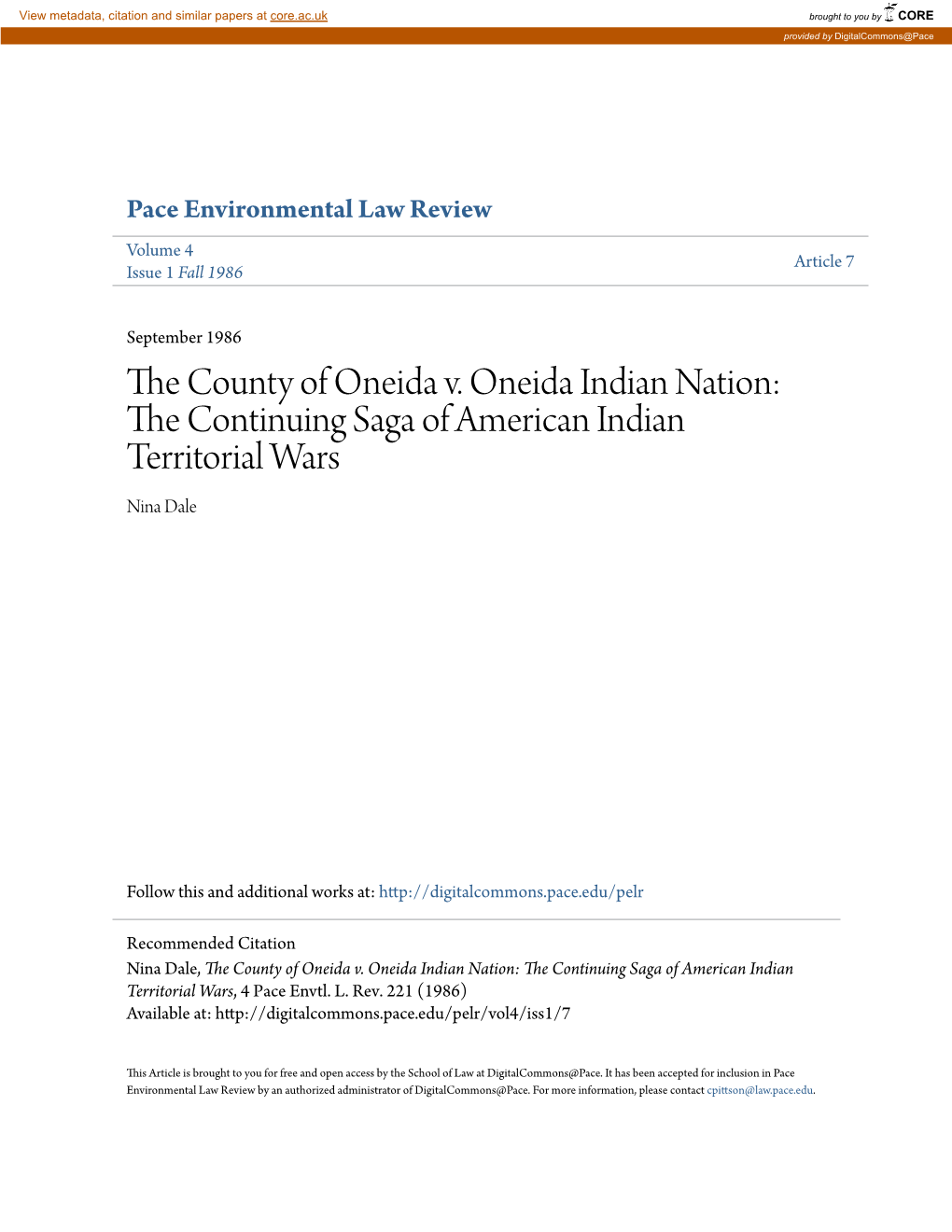 The County of Oneida V. Oneida Indian Nation: the Continuing Saga of American Indian Territorial Wars, 4 Pace Envtl
