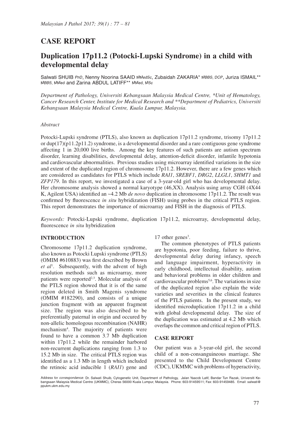 Potocki-Lupski Syndrome) in a Child with Developmental Delay