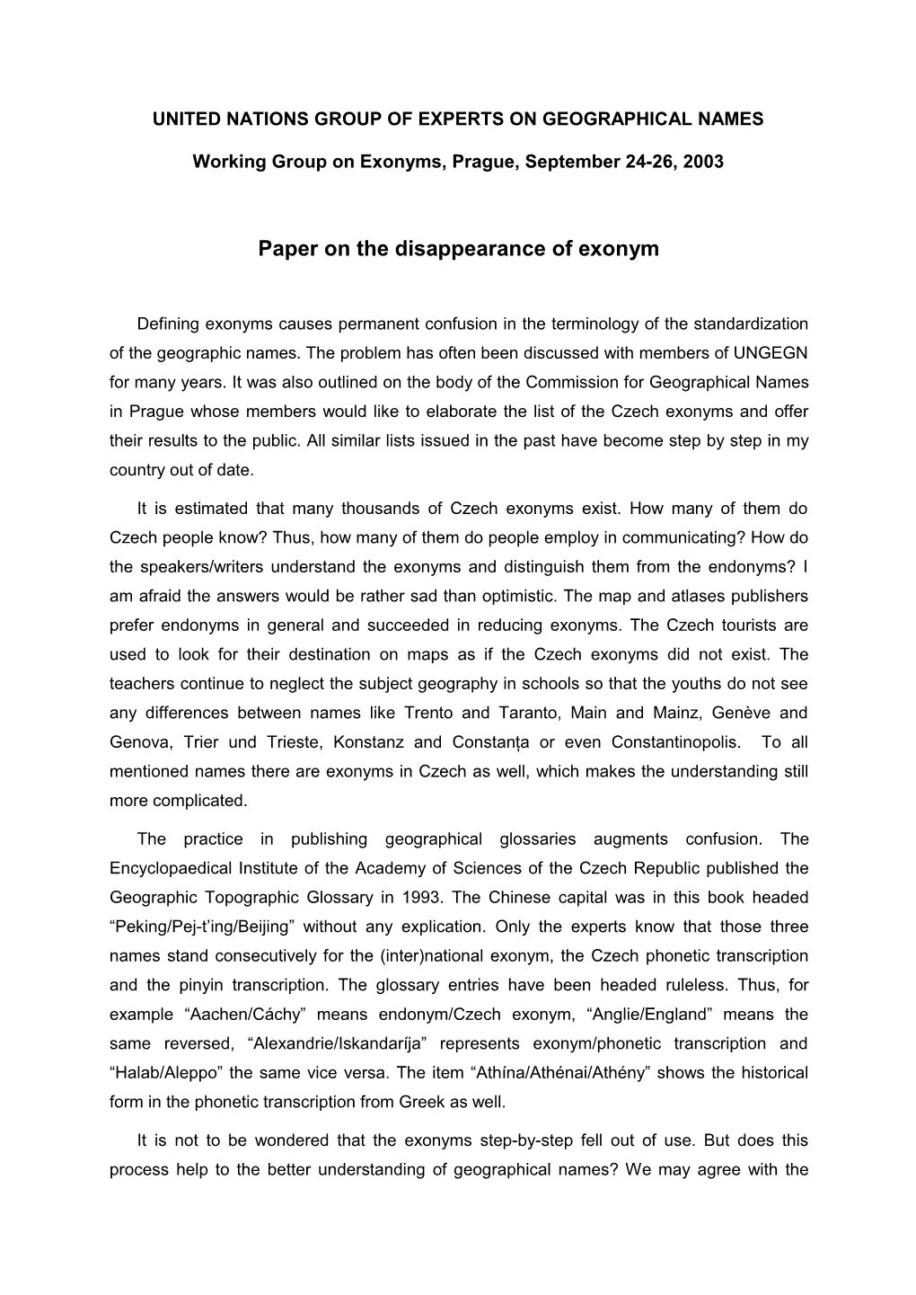 Paper on the Disappearance of Exonym