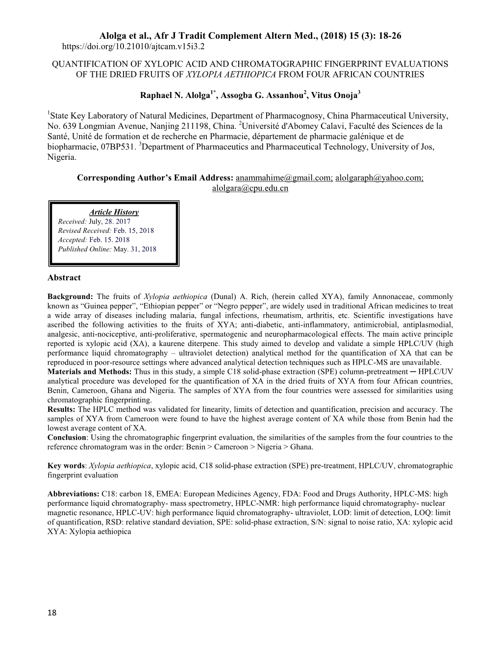 Alolga Et Al., Afr J Tradit Complement Altern Med., (2018) 15 (3): 18-26