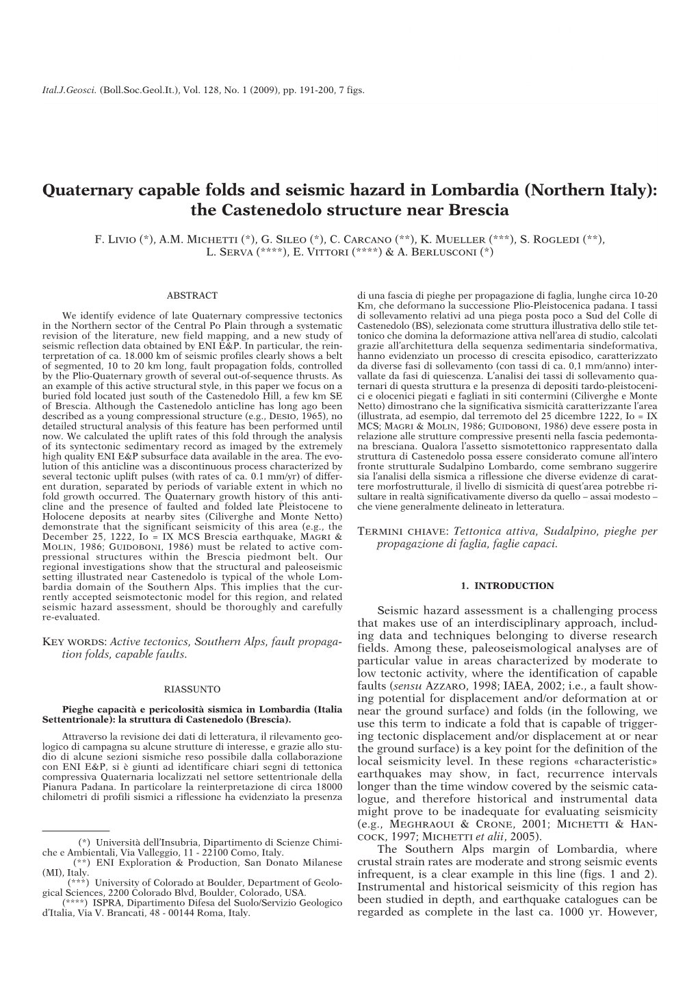 Quaternary Capable Folds and Seismic Hazard in Lombardia (Northern Italy): the Castenedolo Structure Near Brescia