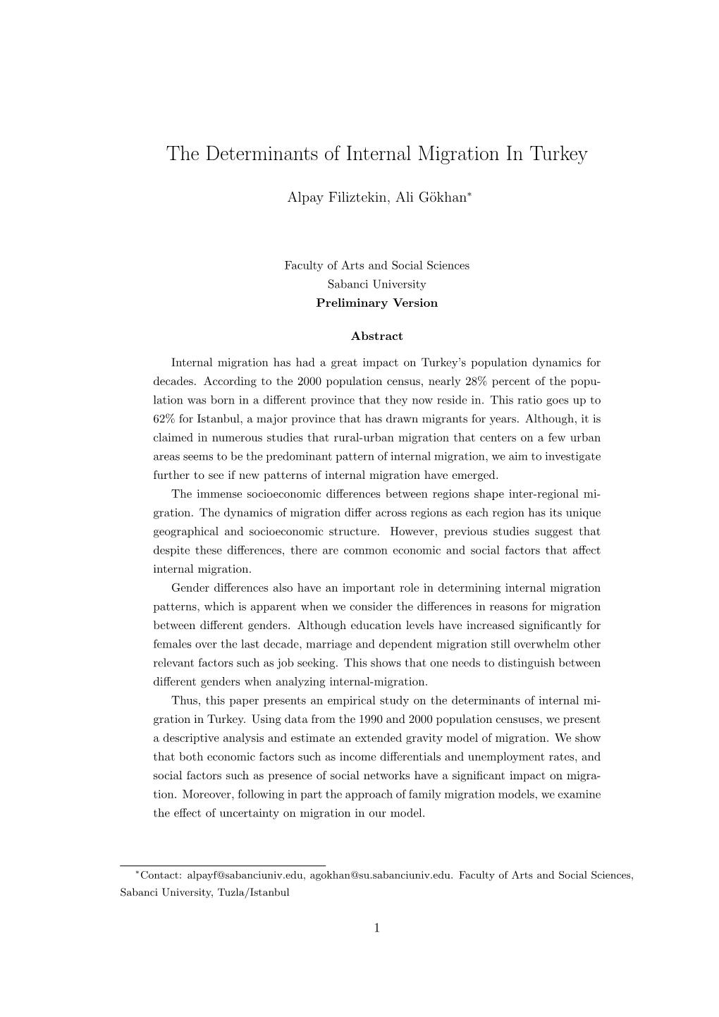 The Determinants of Internal Migration in Turkey