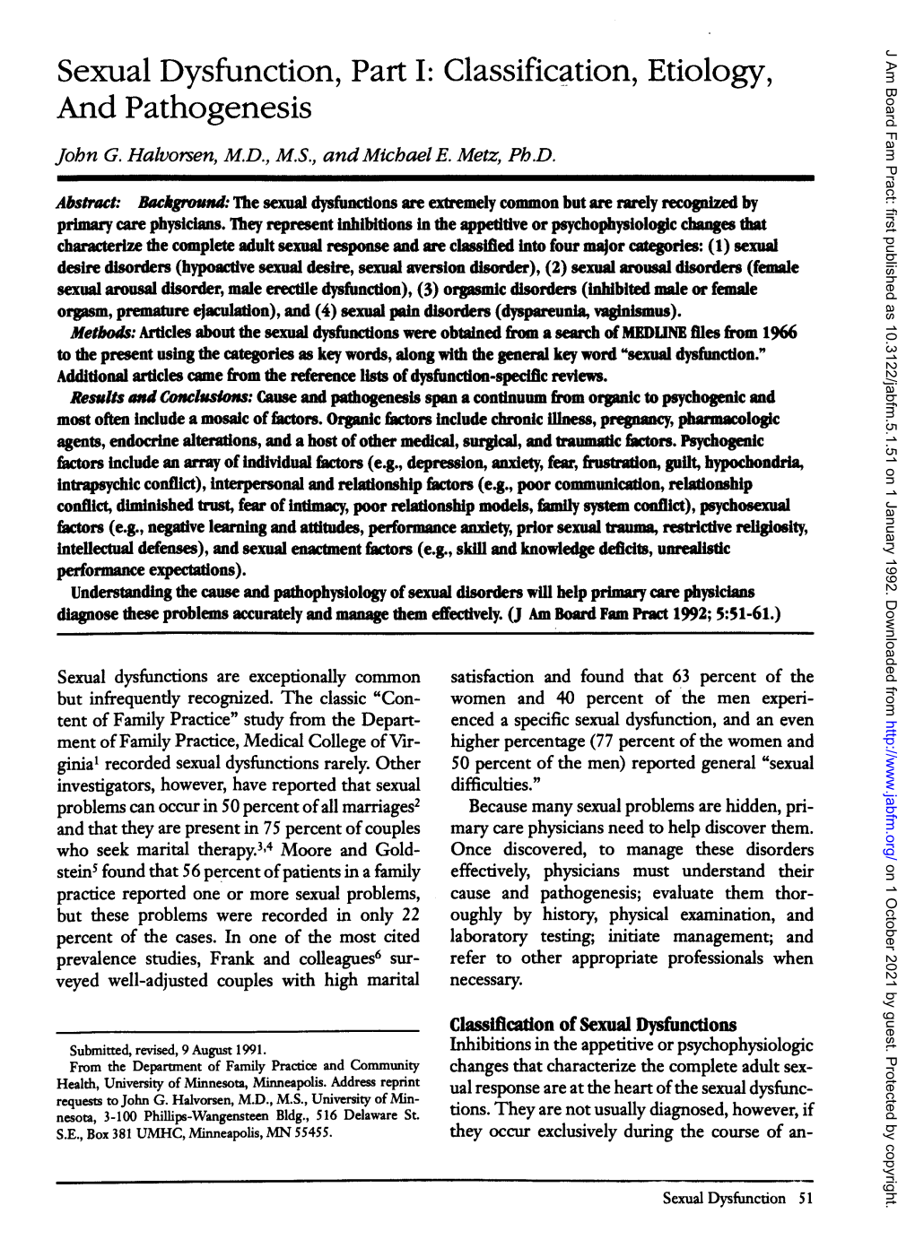 Sexual Dysfunction, Part I: Classific~Tion, Etiology, and Pathogenesis John G