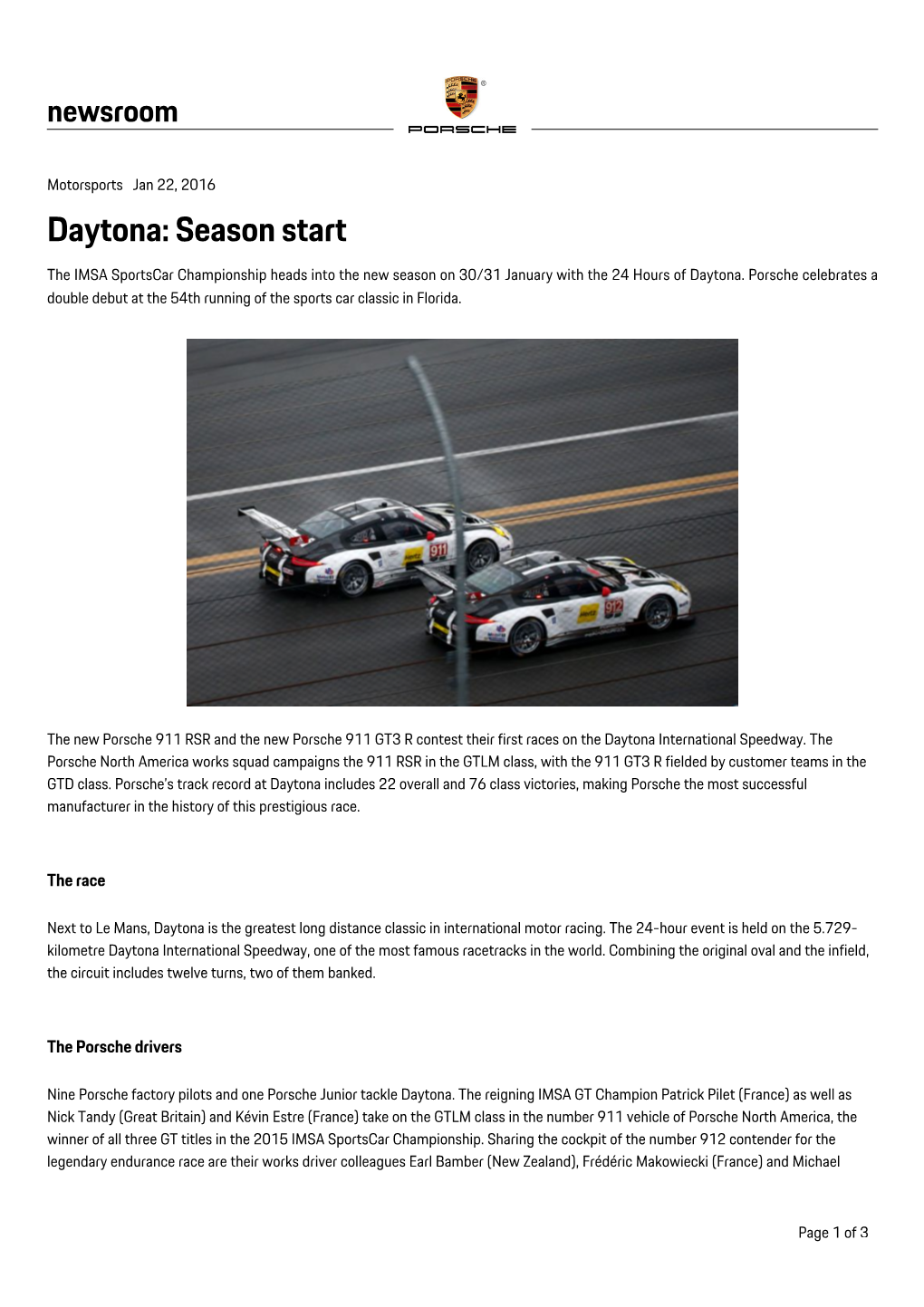 Daytona: Season Start the IMSA Sportscar Championship Heads Into the New Season on 30/31 January with the 24 Hours of Daytona