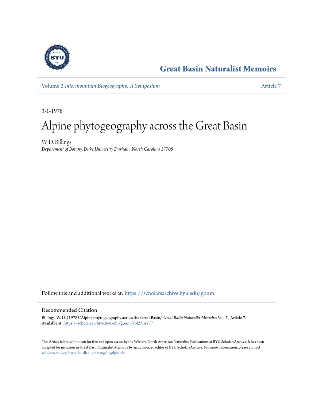 Alpine Phytogeography Across the Great Basin W