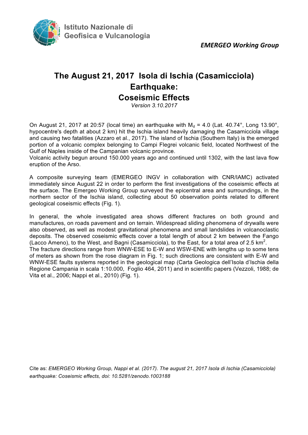 The August 21, 2017 Isola Di Ischia (Casamicciola) Earthquake: Coseismic Effects Version 3.10.2017