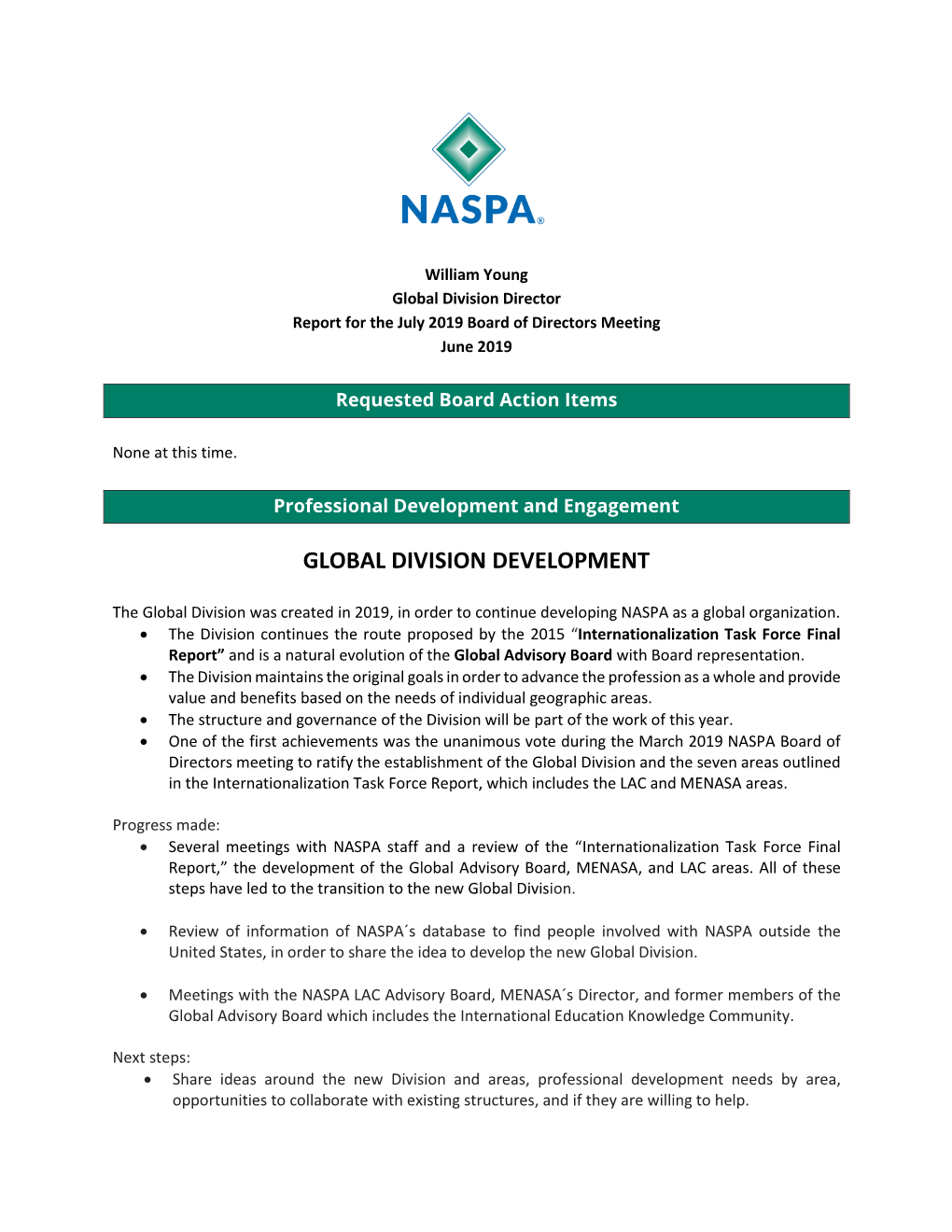 Global Division Director Report for the July 2019 Board of Directors Meeting June 2019