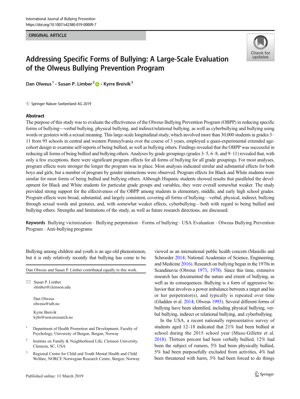 Addressing Specific Forms of Bullying: a Large-Scale Evaluation of the Olweus Bullying Prevention Program