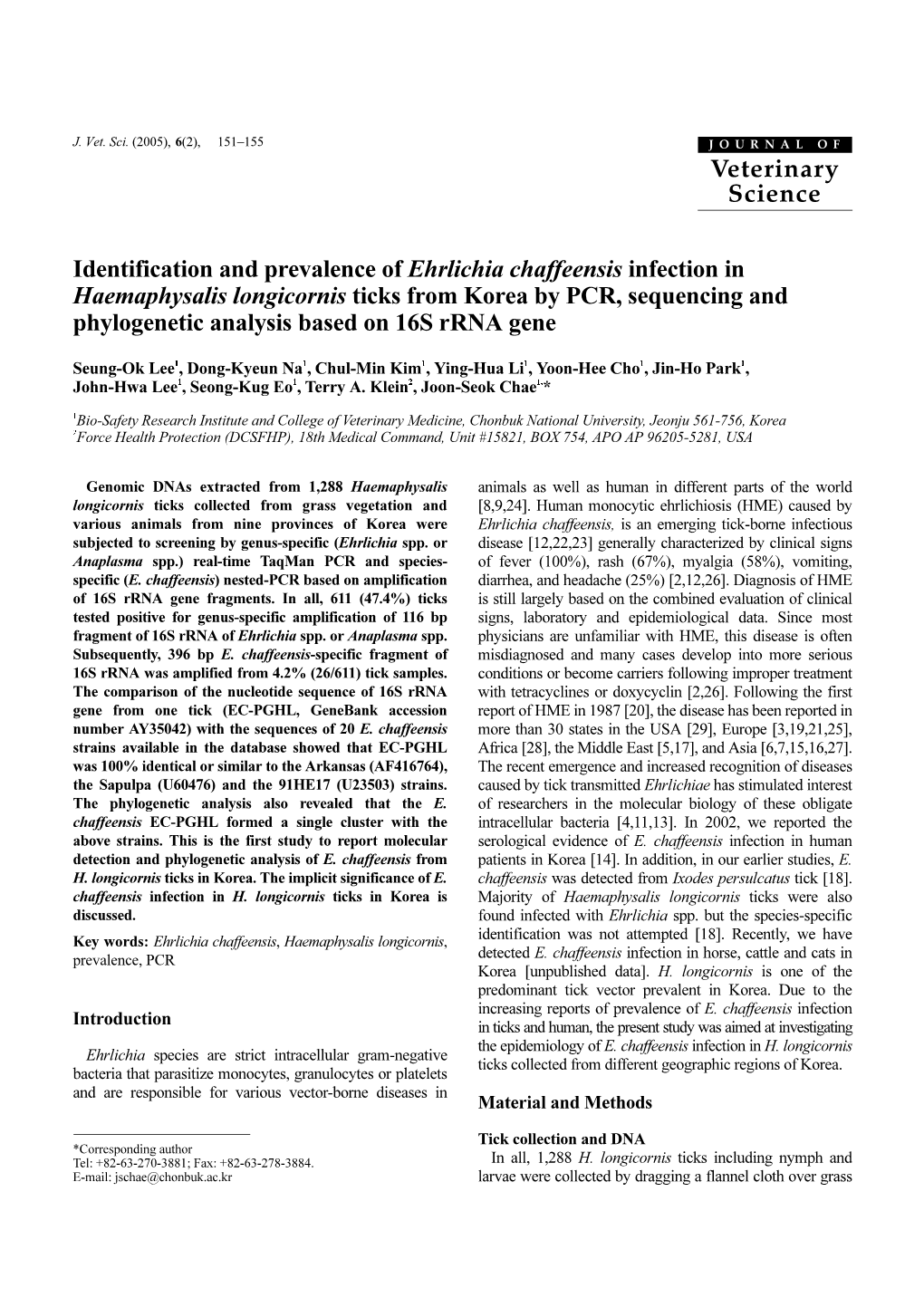 Veterinary Science Identification and Prevalence of Ehrlichia Chaffeensis