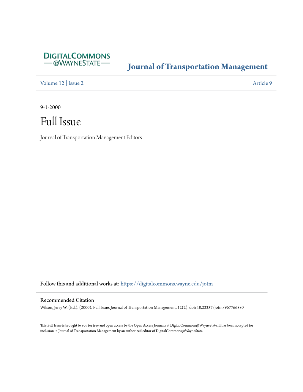 Full Issue Journal of Transportation Management Editors