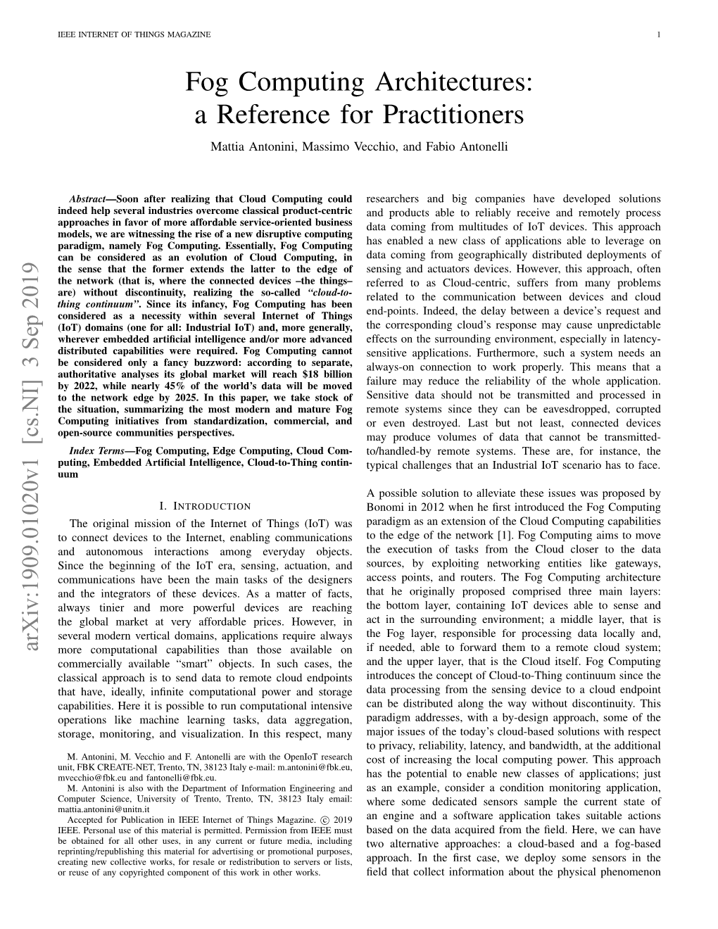 Fog Computing Architectures: a Reference for Practitioners Mattia Antonini, Massimo Vecchio, and Fabio Antonelli