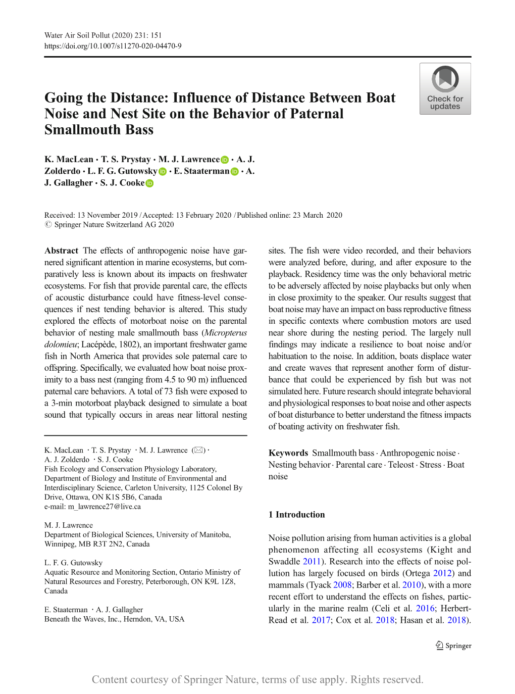 Influence of Distance Between Boat Noise and Nest Site on the Behavior of Paternal Smallmouth Bass