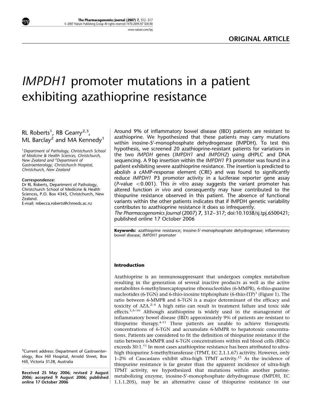 IMPDH1 Promoter Mutations in a Patient Exhibiting Azathioprine Resistance